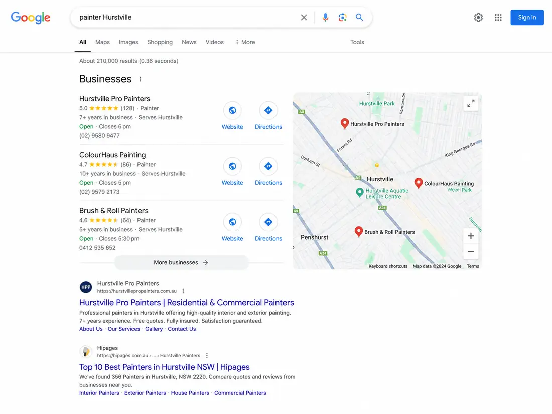 Google search visibility mockup for a local business