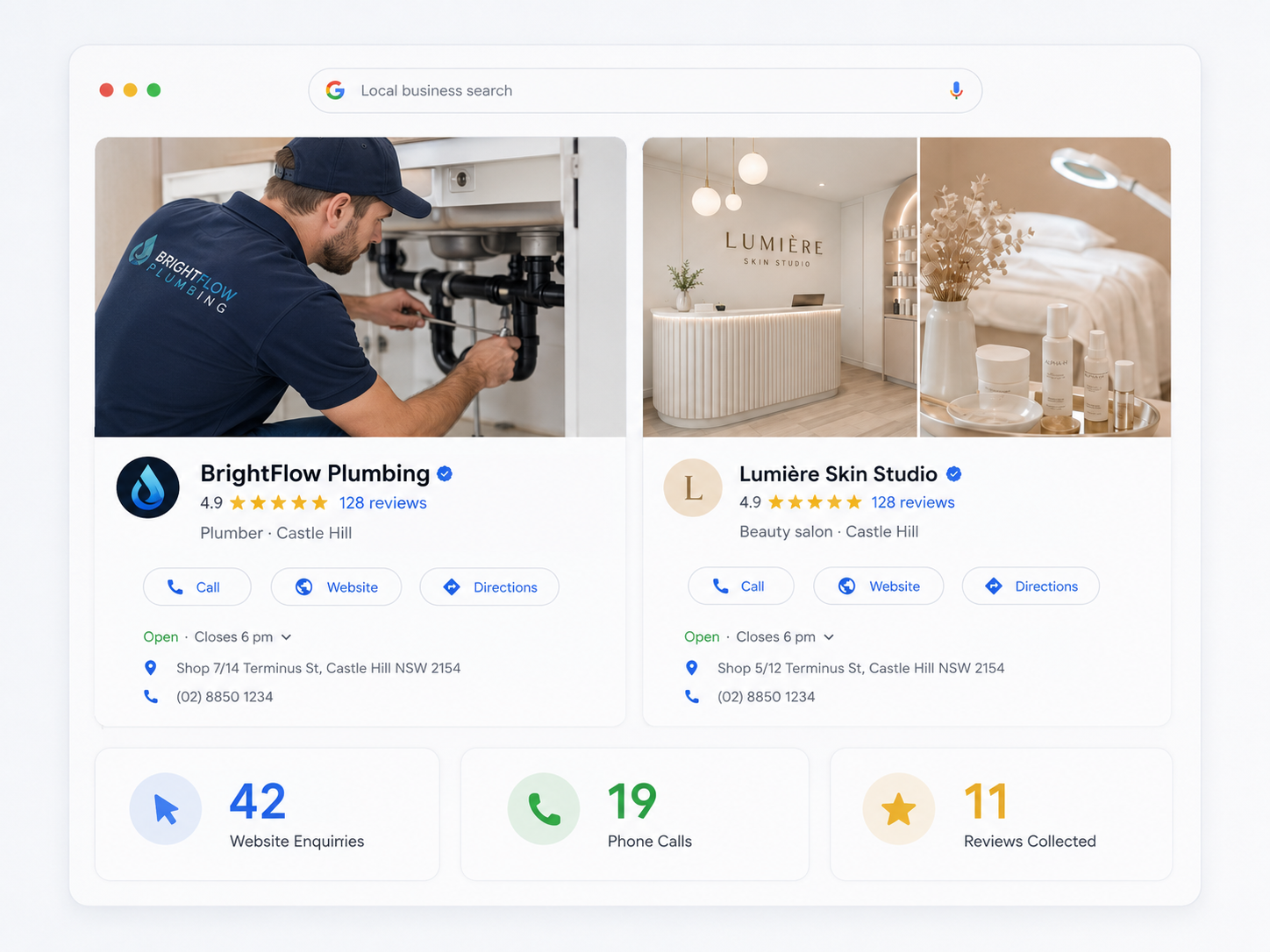 Google-style search and profile mockup showing both a tradie business and a beauty business